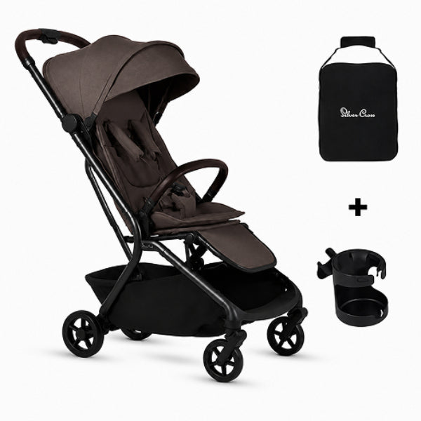 A brown and black stroller shown on a white background with two accessory callouts: a black bag labeled 'Silver Cross' and a black cup holder, separated by a plus sign indicating a bundle.