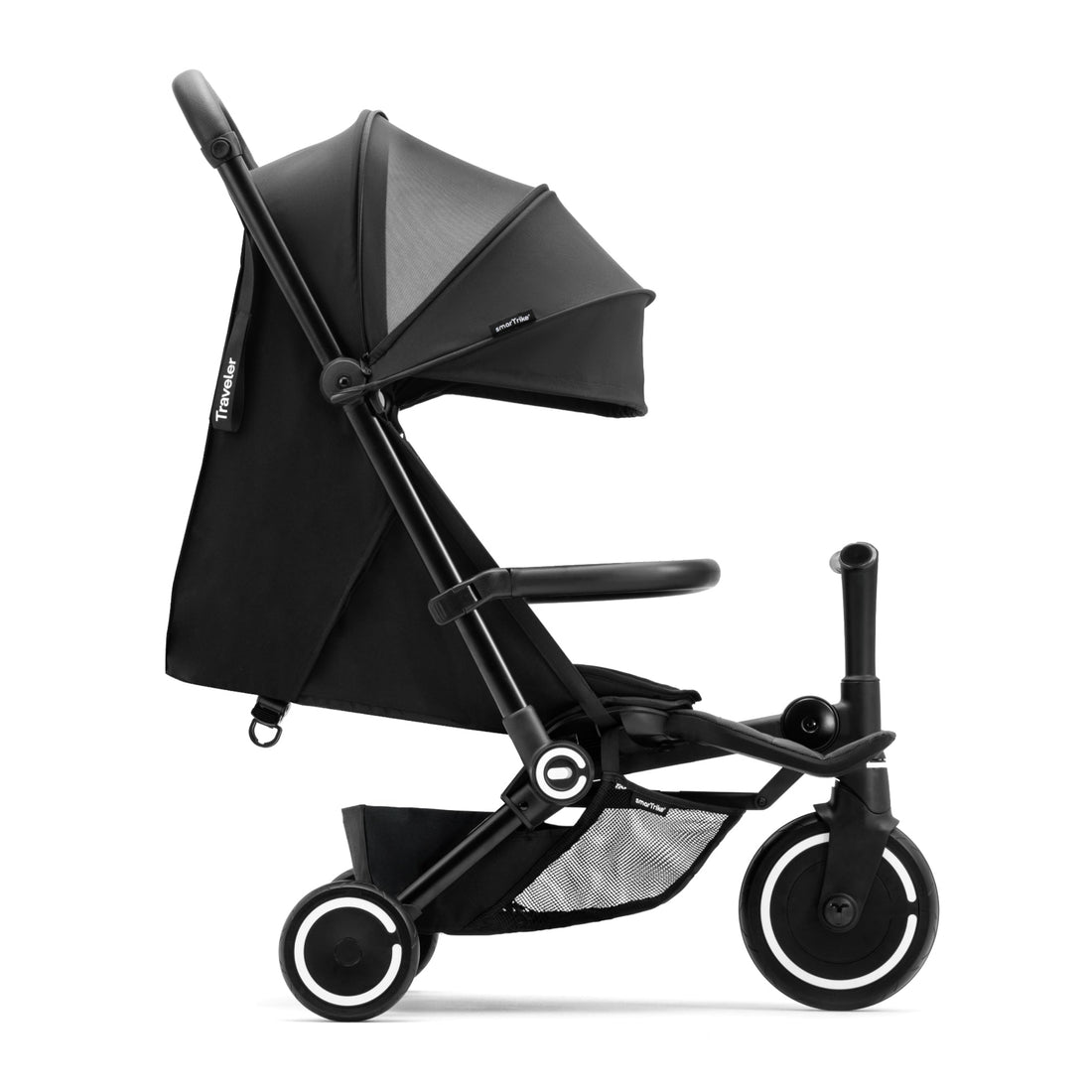 Black Smartrike Traveler stroller on a white background