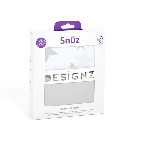 Snuz SnuzPod4 Fitted Sheets - 2 Pack Grey Stars Packaging