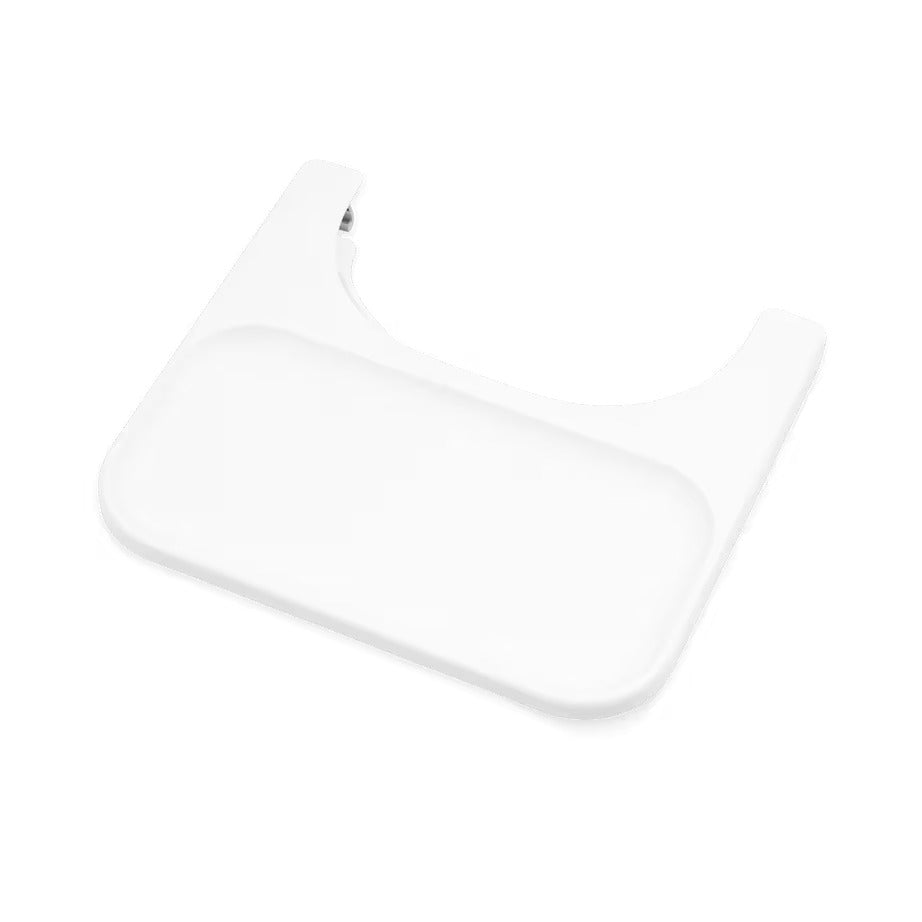 
A white plastic baby feeding tray with a curved top edge and a flat rectangular tray, shown on a plain white background.