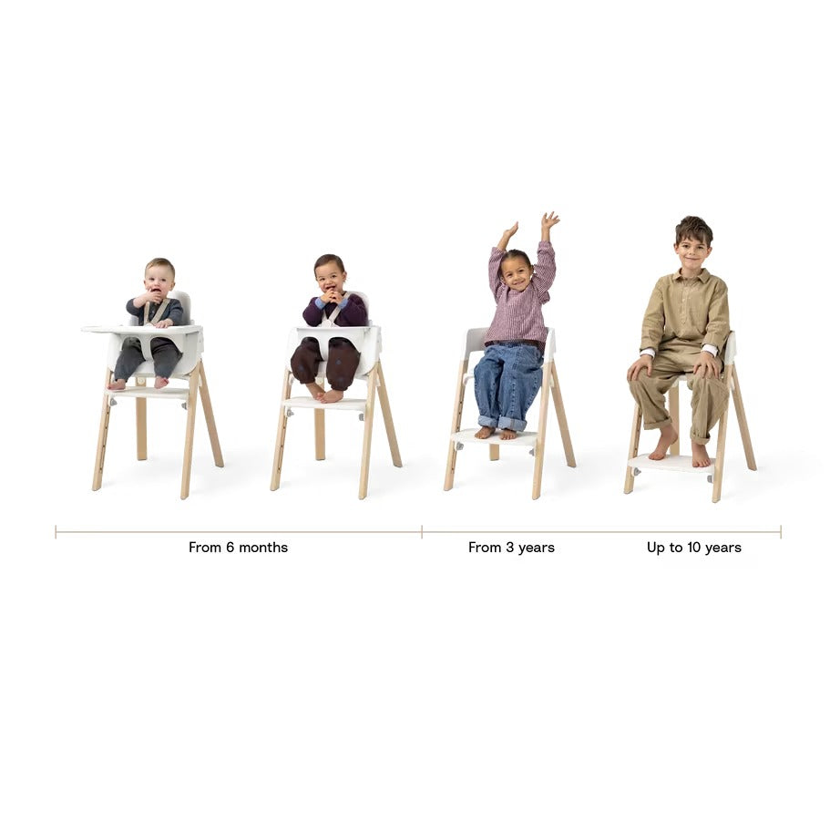 
Convertible wooden high chair set showing stage progression from baby high chair to big kid chair for ages 6 months to 10 years