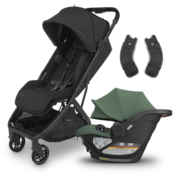  UPPAbaby MINU V3 Travel Stroller in Jake Black with Aria Infant Car Seat in Gwen Product Photo with Free Adapters