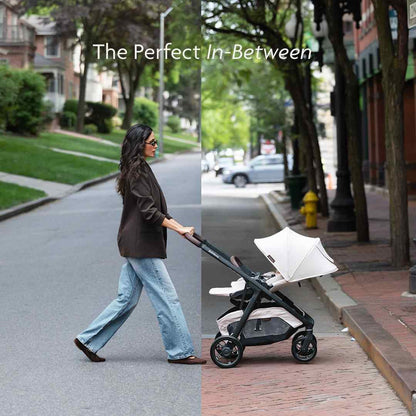 A woman walks along a tree-lined street pushing a double stroller. The image is split down the middle, with the left side showing her in a brown jacket and light blue jeans, and the right side showing the stroller alone on a brick sidewalk.