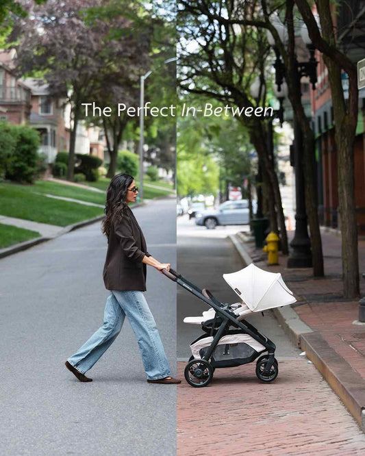 A woman walks along a tree-lined street pushing a double stroller. The image is split down the middle, with the left side showing her in a brown jacket and light blue jeans, and the right side showing the stroller alone on a brick sidewalk.