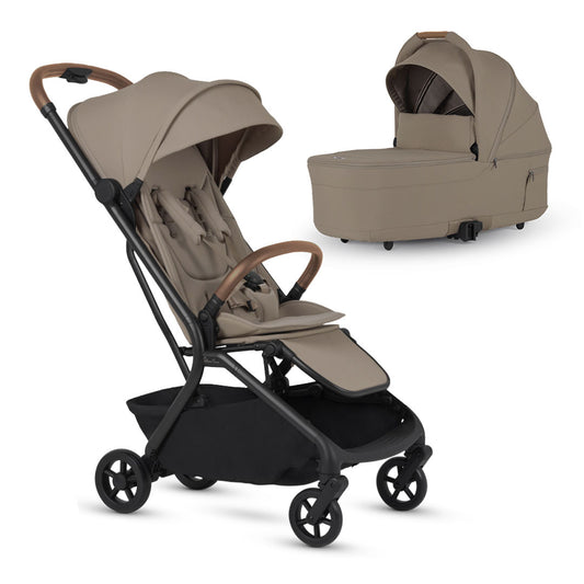 A beige champagne-colored baby stroller with a black frame alongside a matching champagne-colored detachable bassinet, both set against a white background.