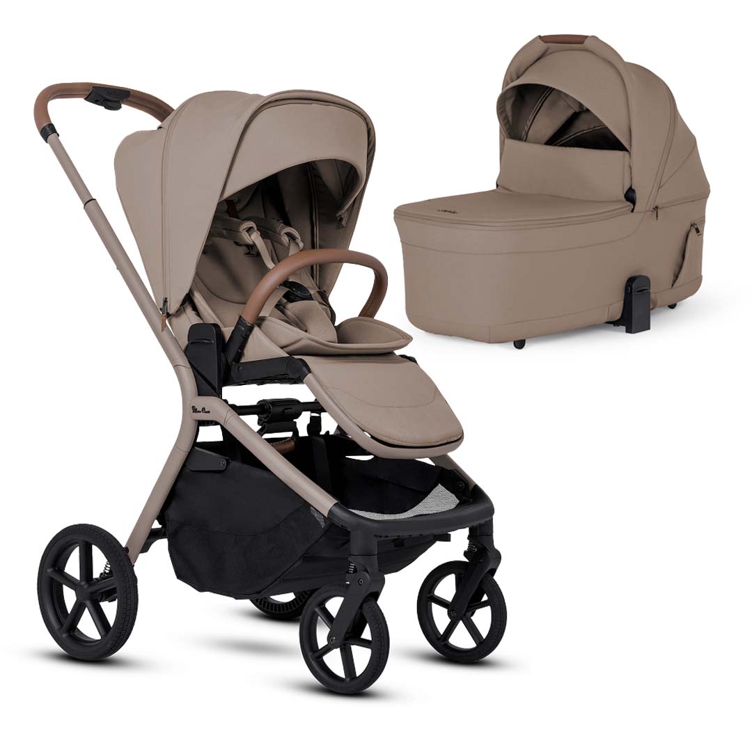 A beige champagne-colored baby stroller with a matching champagne and black frame alongside a matching champagne-colored detachable bassinet, both set against a white background.