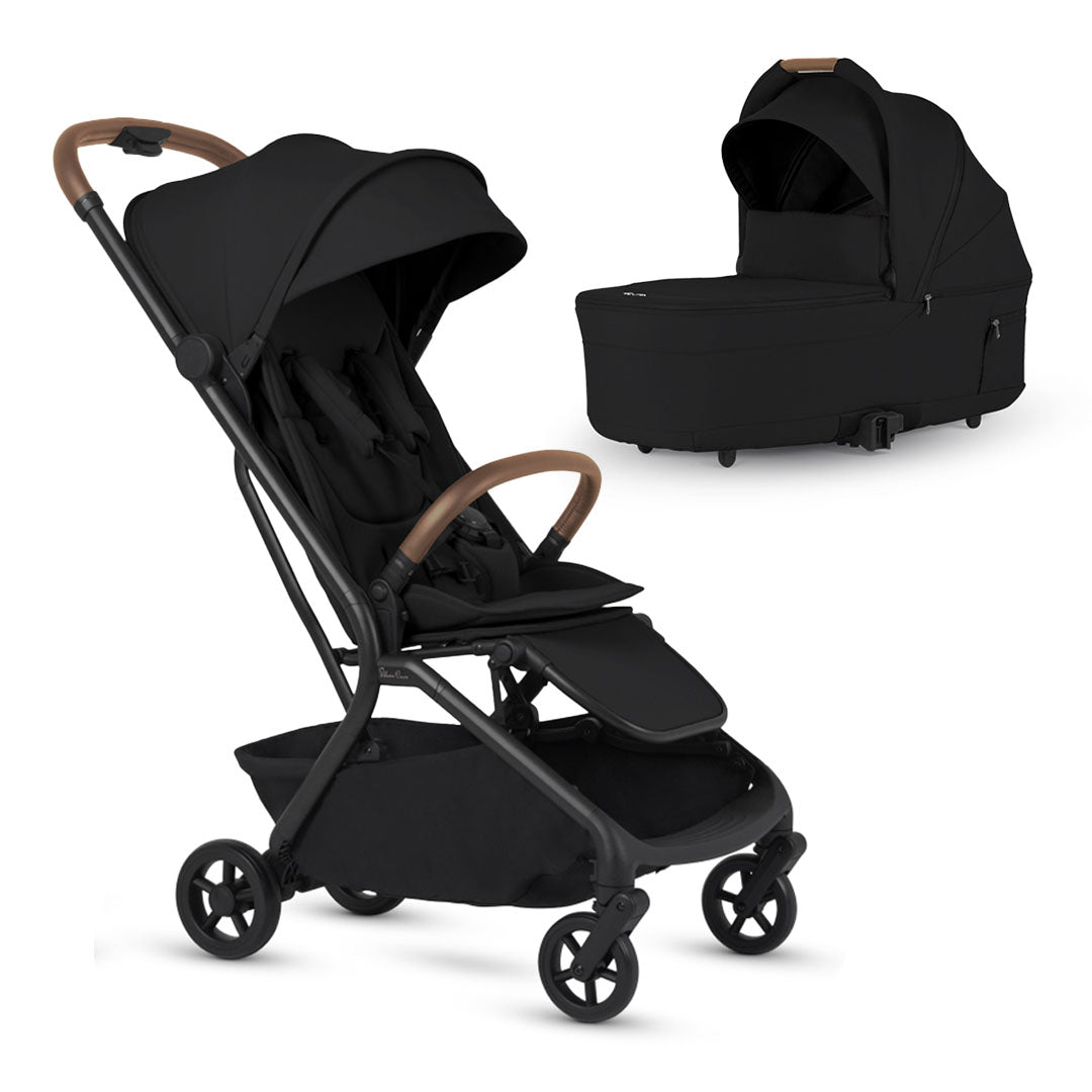 A Onyx black baby stroller with a black frame alongside a matching black onyx-colored detachable bassinet, both set against a white background.