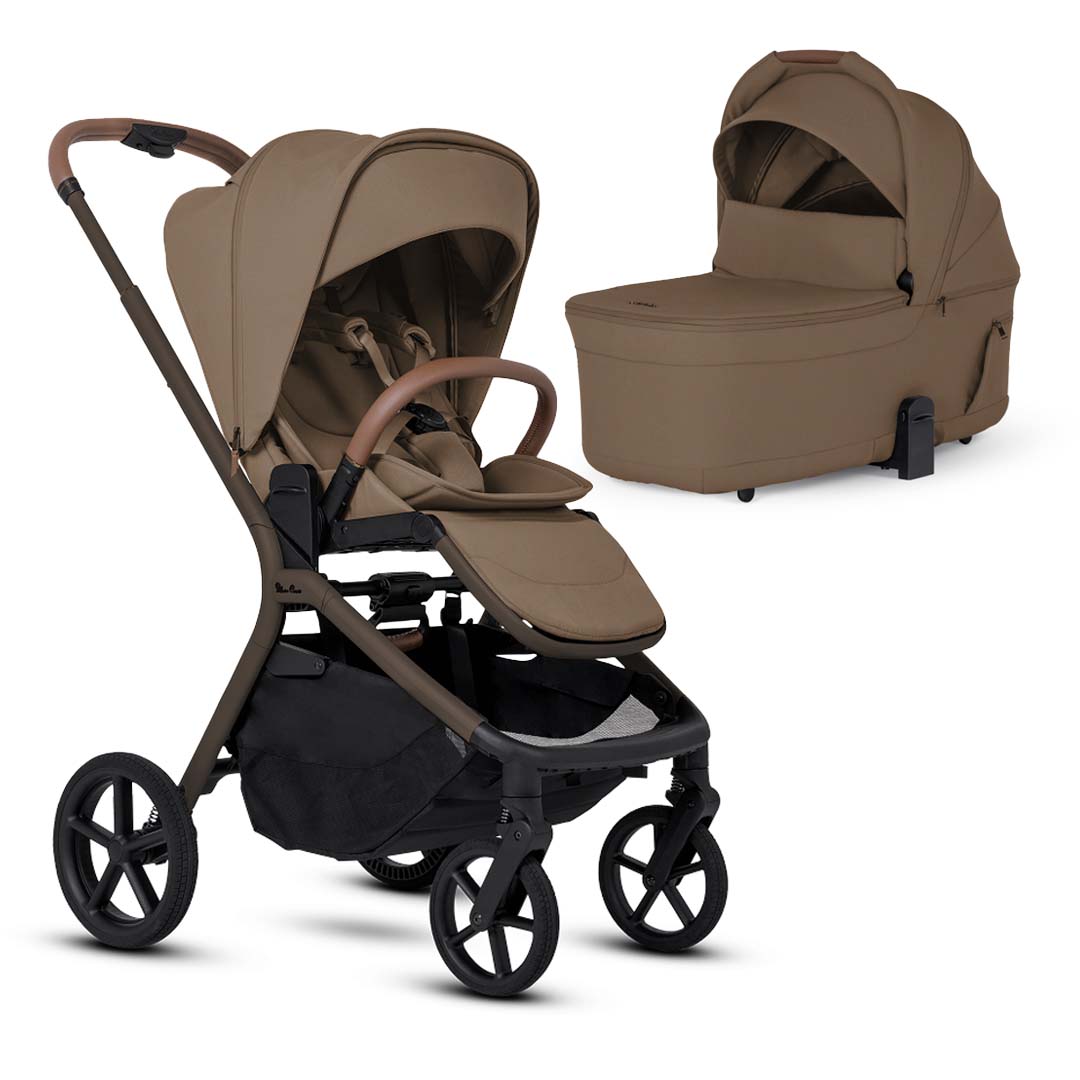 A maple brown baby stroller with a black frame alongside a matching maple brown detachable bassinet, both set against a white background.