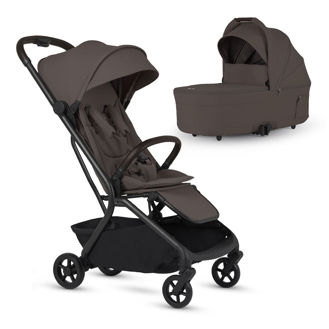 A chocolate brown baby stroller with a black frame alongside a matching chocolate brown detachable bassinet, both set against a white background.