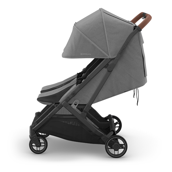 Uppababy Minu Duo Side-by-Side Compact Double Stroller in Greyson Profile View with Newborn Feature