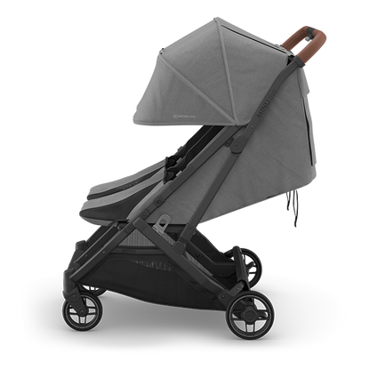 Uppababy Minu Duo Side-by-Side Compact Double Stroller in Greyson Profile View with Newborn Feature