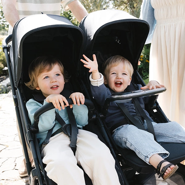 Uppababy Minu Duo in Jake with a Bumper Bar and Snack Tray (both sold separately) Lifestyle
