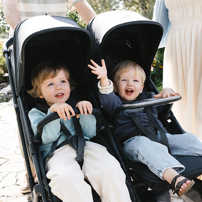 Uppababy Minu Duo in Jake with a Bumper Bar and Snack Tray (both sold separately) Lifestyle