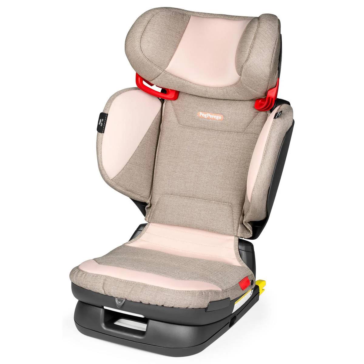 Children's car seat with beige and gray design on a white background