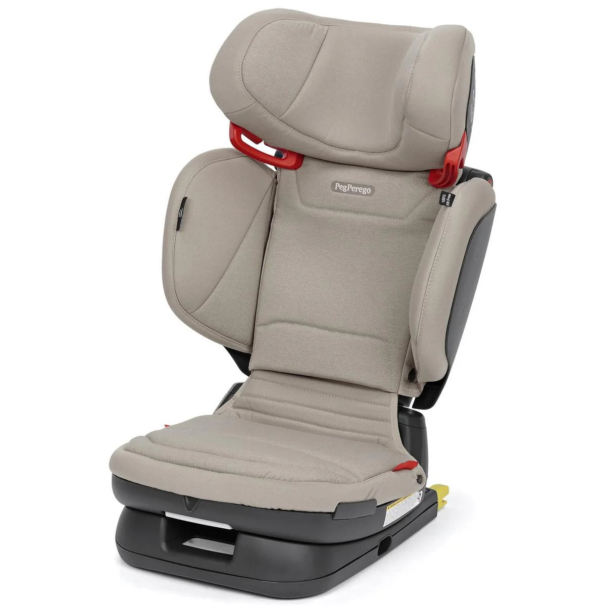 Beige child car seat with red straps on a white background