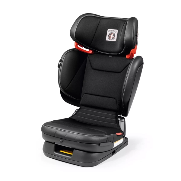 A black high-back child car seat with red safety harness adjustment straps and a small brand patch on the headrest, shown on a clean white background.