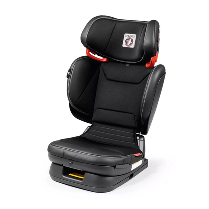 
A black high-back child car seat with red safety harness adjustment straps and a small brand patch on the headrest, shown on a clean white background.