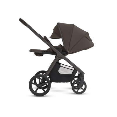 Side profile of the Silver Cross Cove 2 stroller featuring the reversible seat in the newborn-ready lie-flat position with the canopy extended.
