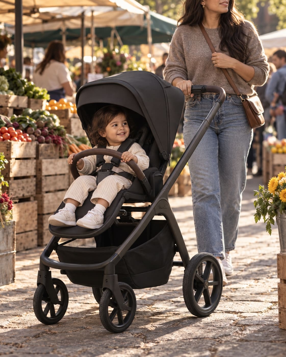 A woman pushes a black stroller with a young child sitting inside, walking through a sunny outdoor market street lined with produce stalls.
