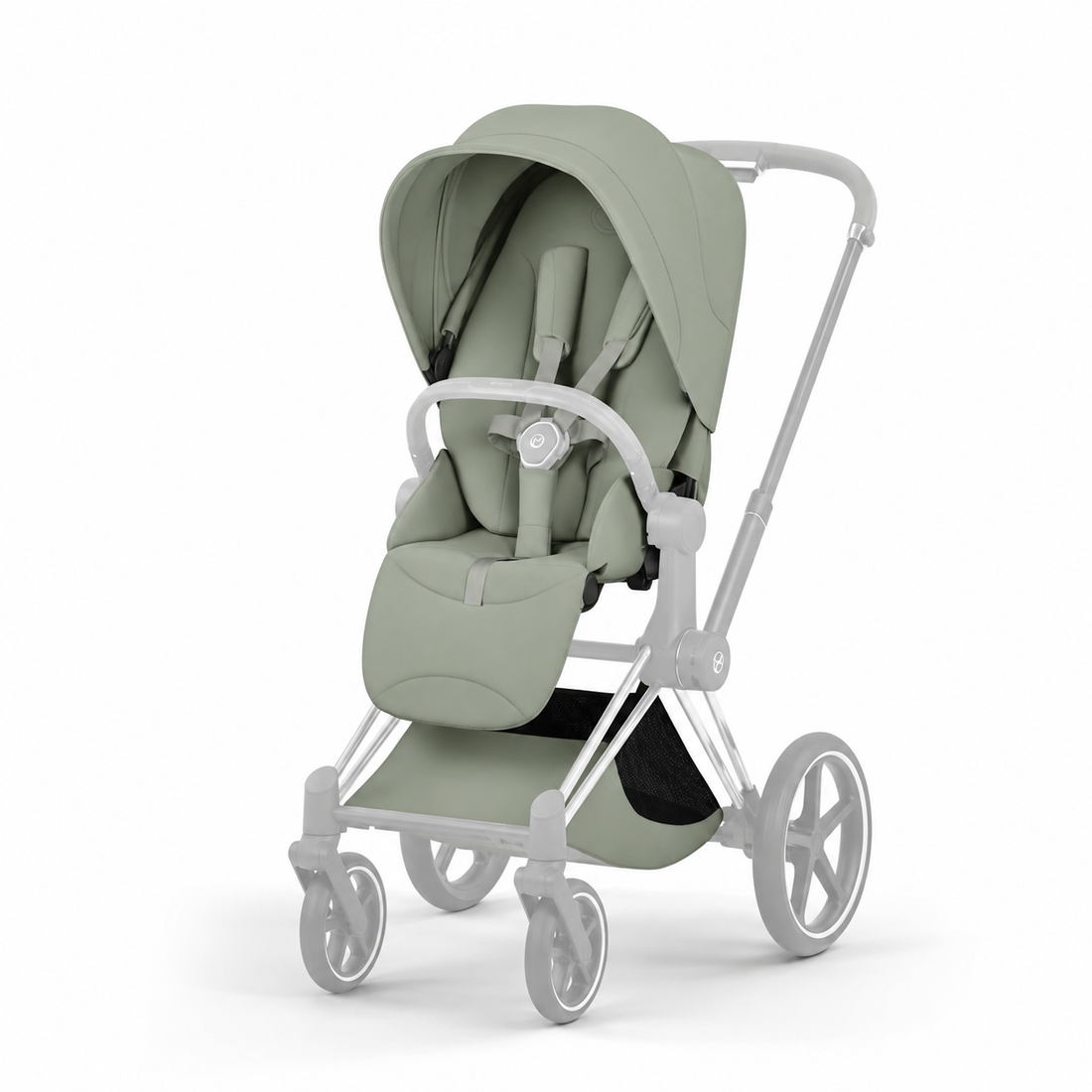 
A stroller in a muted sage green fabric with a light gray frame, shown on a clean white background.