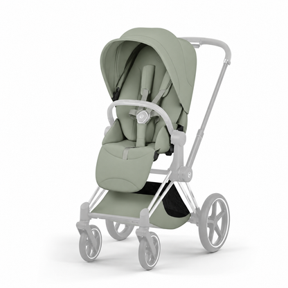 
A stroller in a muted sage green fabric with a light gray frame, shown on a clean white background.