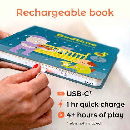 
Rechargeable children's book with USB-C charging feature, held by a person.
