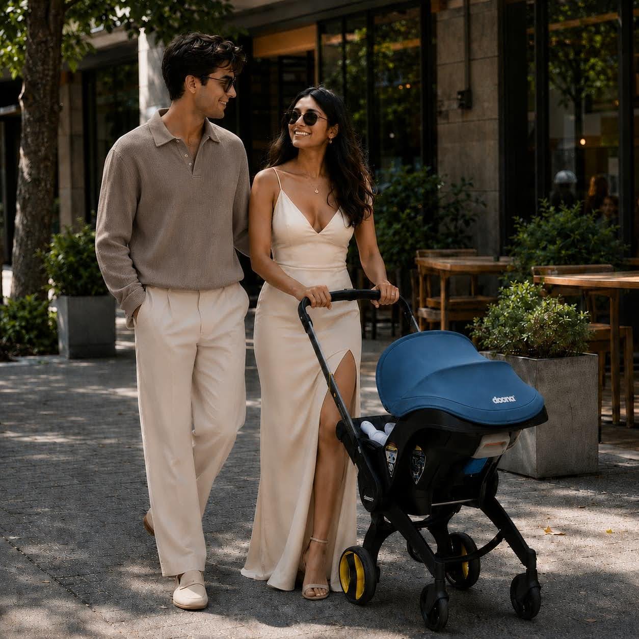 couple walking with doona seats