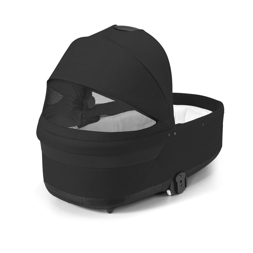 
Black baby bassinet with mesh window on a white background