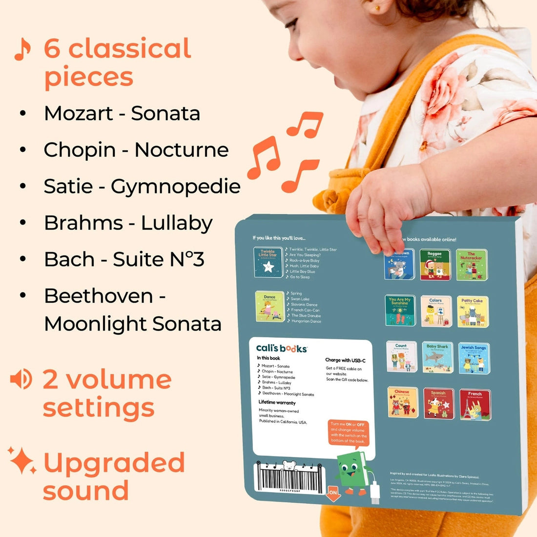 
Child holding a book with classical music pieces listed on the left side