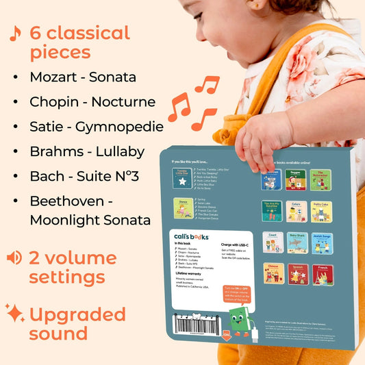 Child holding a book with classical music pieces listed on the left side