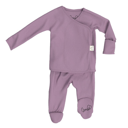 Purple baby outfit with long-sleeve top and footed pants on a white background