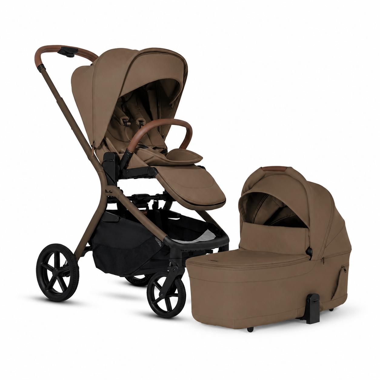 A stroller and bassinet travel system in a warm taupe-brown color, shown on a clean white background. The stroller features a dark brown frame and handlebar accents, while the matching bassinet is positioned next to it.