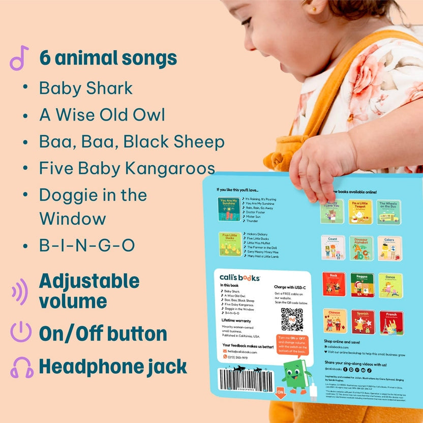 
A child holding the back cover of a Cali's Books sound book next to a list of included animal songs and features.