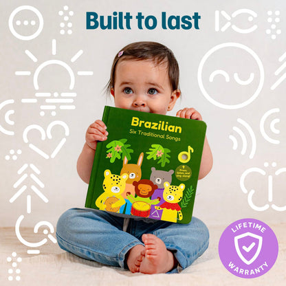 
A baby sitting on a light floor holding a green children's book titled 'Brazilian Six Traditional Songs' with colorful animal illustrations. The background is white with decorative icons and text reading 'Built to last' and a purple 'Lifetime Warranty' badge.
