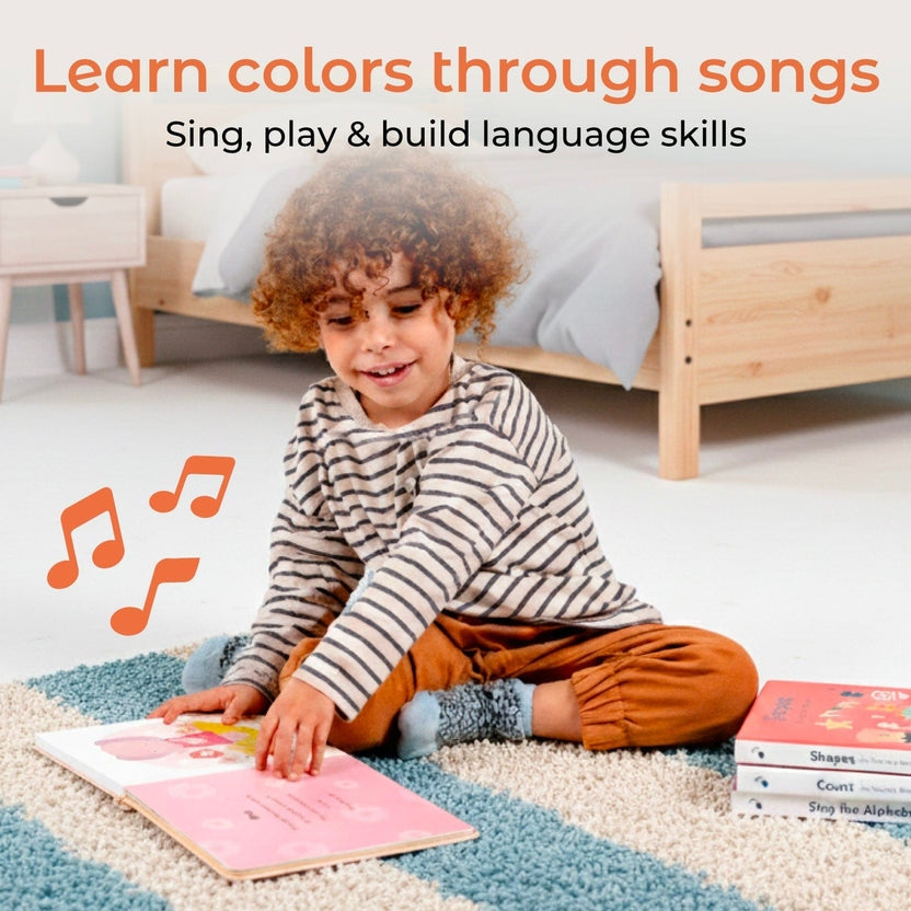 
Child sitting on a rug with educational books, surrounded by musical notes, in a bedroom setting.