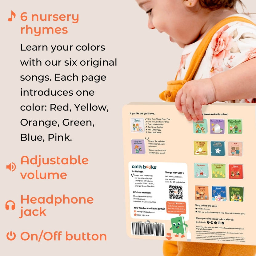 
A child wearing a floral one-piece outfit holds a Califf Bricks children's book player against a light beige background. The back cover shows colorful book cover thumbnails, product details, and a barcode.