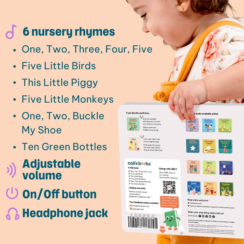 
A child in a floral dress holds a Calli Books nursery rhymes book, showing the back cover with text and illustrations. The left side features a peach-colored background with product feature callouts in teal, including 6 nursery rhymes, adjustable volume, on/off button, and headphone jack.