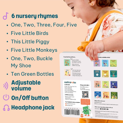 
A child in a floral dress holds a Calli Books nursery rhymes book, showing the back cover with text and illustrations. The left side features a peach-colored background with product feature callouts in teal, including 6 nursery rhymes, adjustable volume, on/off button, and headphone jack.