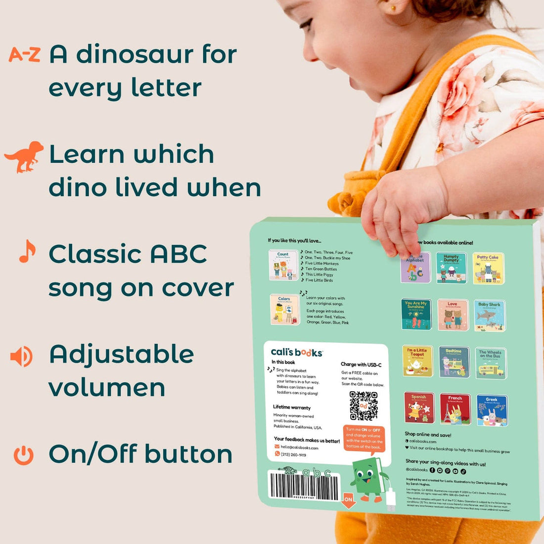 
Child holding a dinosaur book with text about features on a white background