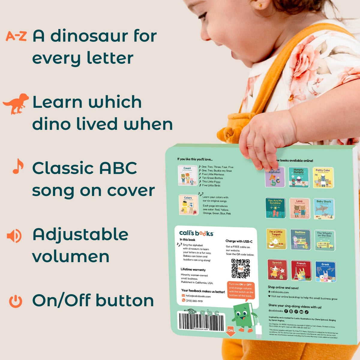 
Child holding a dinosaur book with text about features on a white background