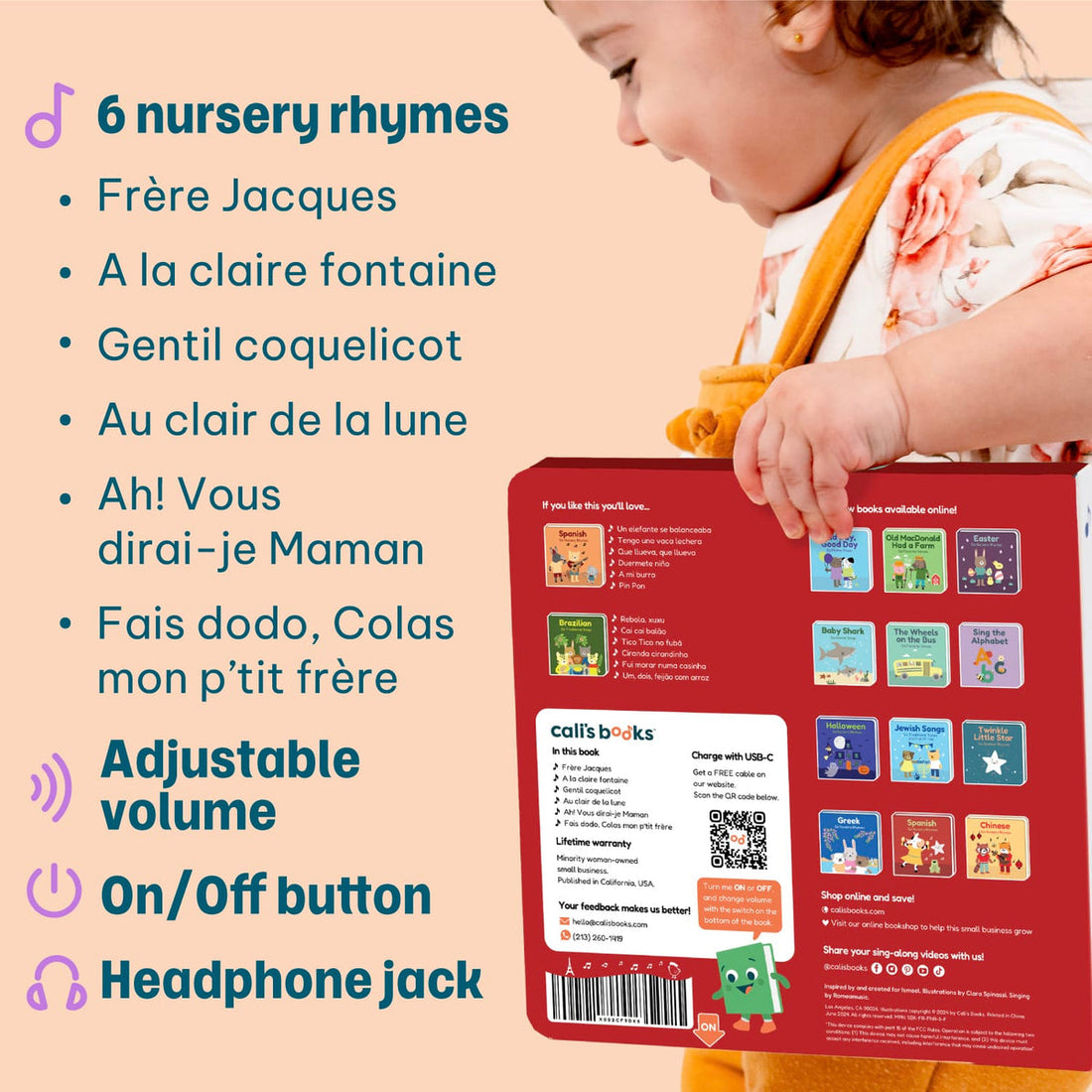 
A child wearing a floral dress and yellow harness holds a red Calli Bricks nursery rhymes book against a peach background with French feature callouts.