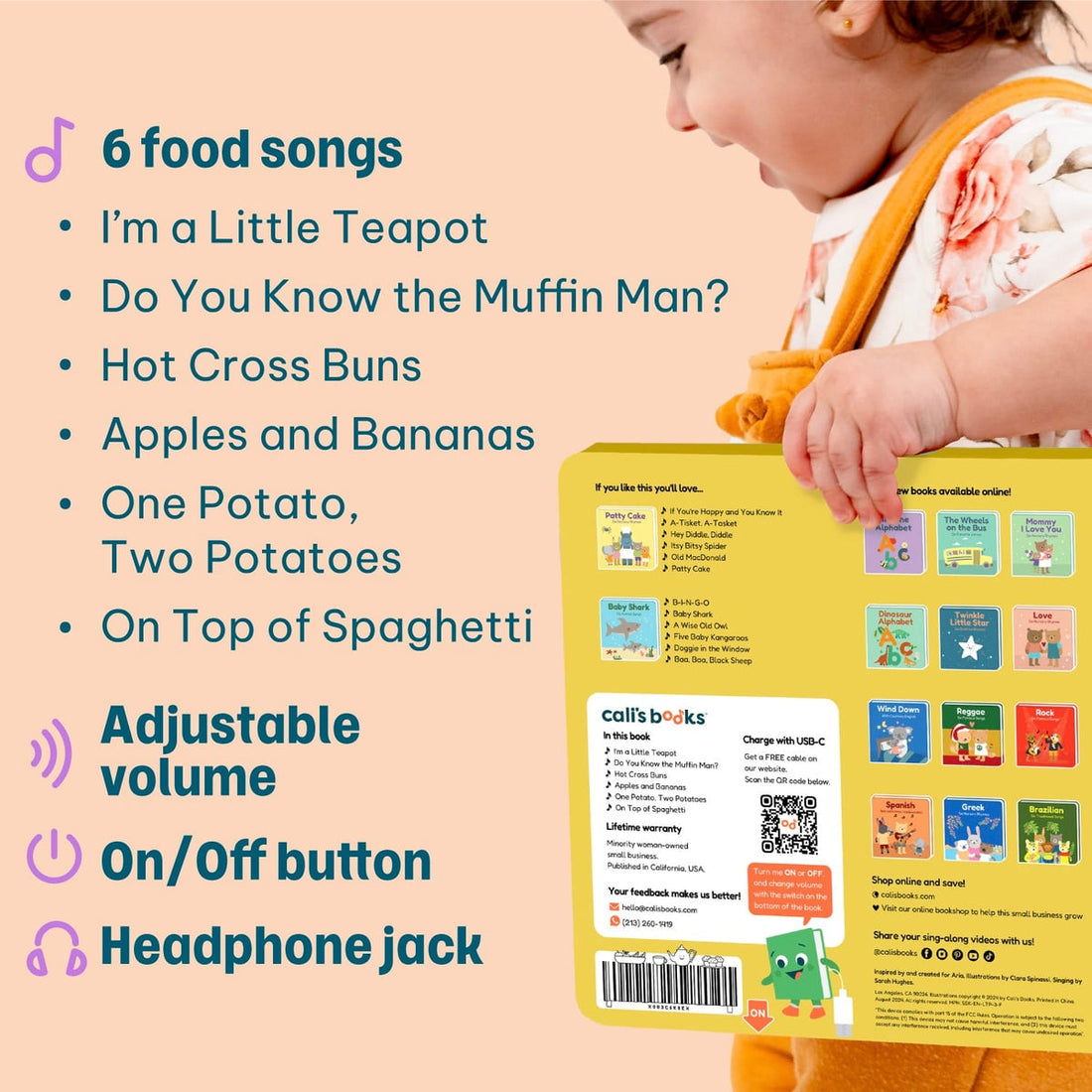 
A baby book with a yellow back cover featuring colorful book covers and text, held by a child wearing floral clothing against a peach background with feature callouts.
