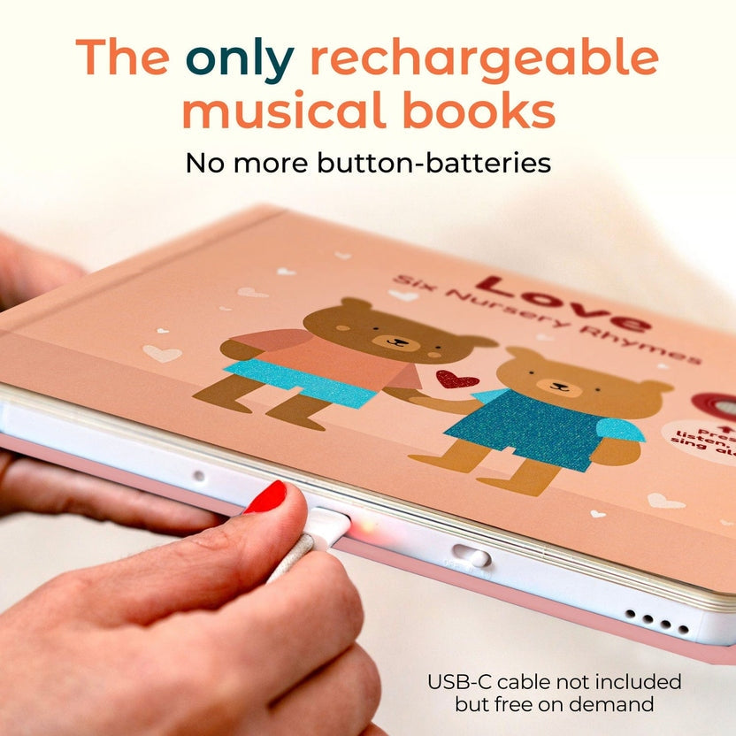 
Rechargeable musical book with USB-C cable attachment, featuring cartoon bears on a pink background.