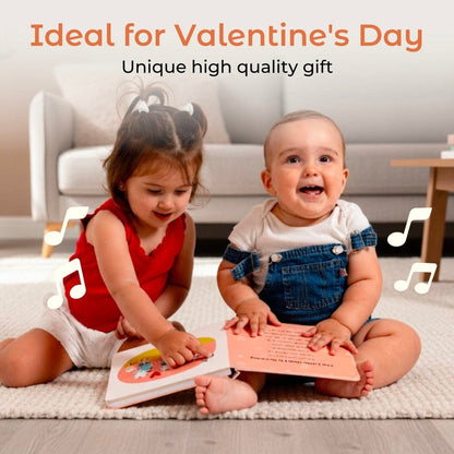
Two children sitting on a rug, reading books with text 'Ideal for Valentine's Day' and 'Unique high quality gift' above them.