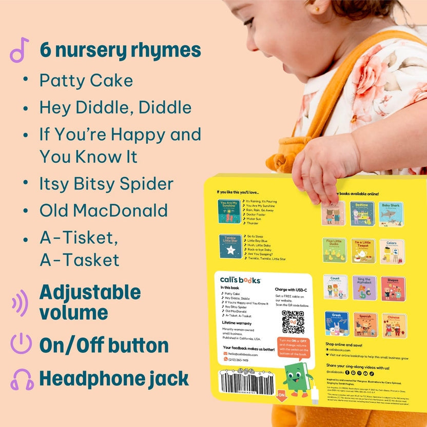 
A child holding the back cover of a yellow Cali's Books sound book next to a list of included nursery rhymes and features.