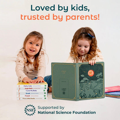 
Two children with books, with text 'Loved by kids, trusted by parents!' and NSF logo.