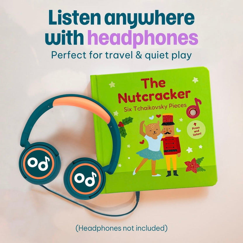 
A pair of teal kids' headphones connected to a green "The Nutcracker" musical book.