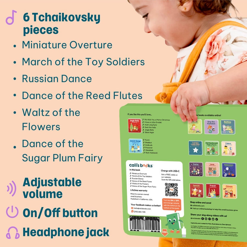 
A child holding the back cover of a green Cali's Books sound book next to a list of included Tchaikovsky pieces and features.