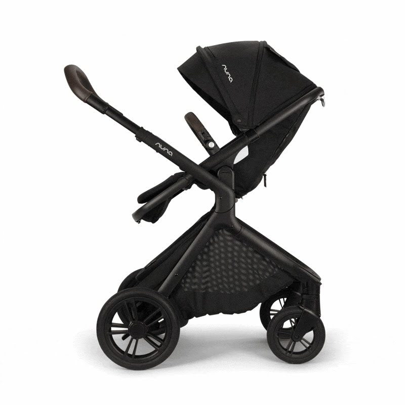 Nuna DEMI Icon stroller shown transitioning through multiple configurations, including seat, bassinet, car seat, and expanded storage basket modes.