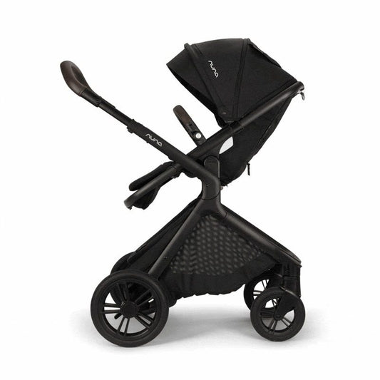 Nuna DEMI Icon stroller shown transitioning through multiple configurations, including seat, bassinet, car seat, and expanded storage basket modes.